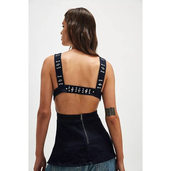Free People Denim D/F Studded Backless Peplum Top XS Dark Rinse NWT/NEW!! - Picture 5 of 16
